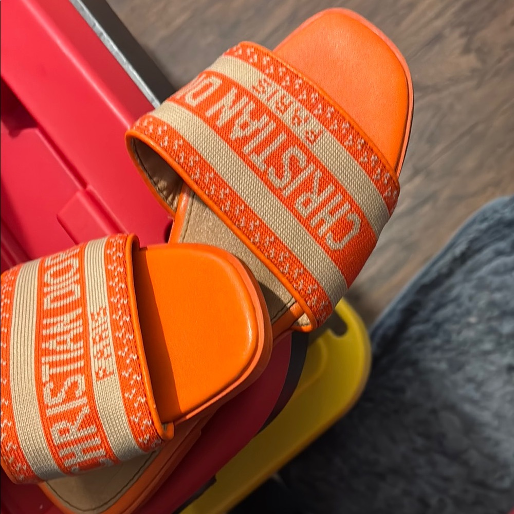 Dior Orange Canvas Logo Slide Sandals with Tan Footbed and Orange Trim - Picture 6 of 7